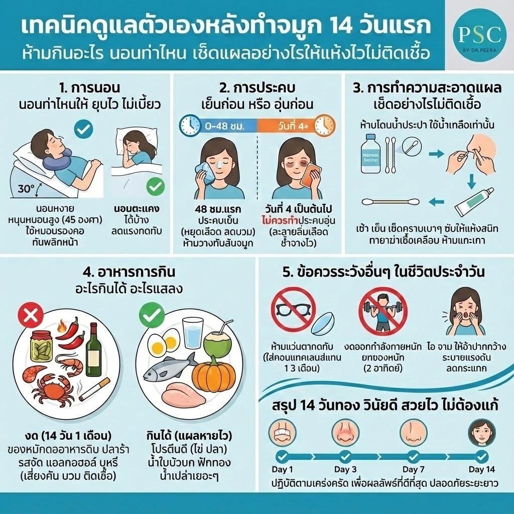 เทคนิคดูแลตัวเองหลังทำจมูก 14 วันแรก ห้ามกินอะไร? นอนท่าไหน? เช็ดแผลอย่างไรให้แห้งไวไม่ติดเชื้อ