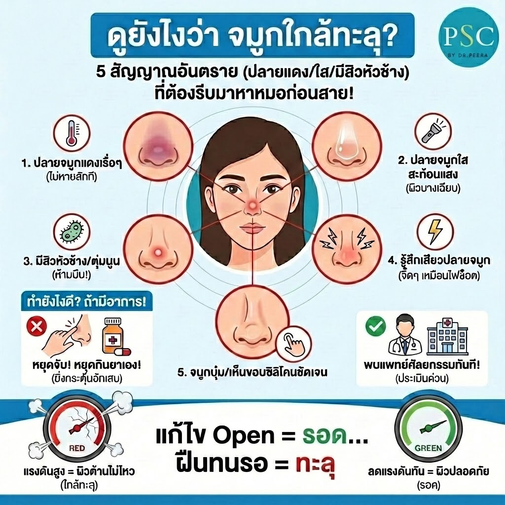 ดูยังไงว่า "จมูกใกล้ทะลุ"? 5 สัญญาณอันตราย (ปลายแดง/ใส/มีสิวหัวช้าง) ที่ต้องรีบมาหาหมอก่อนสาย!