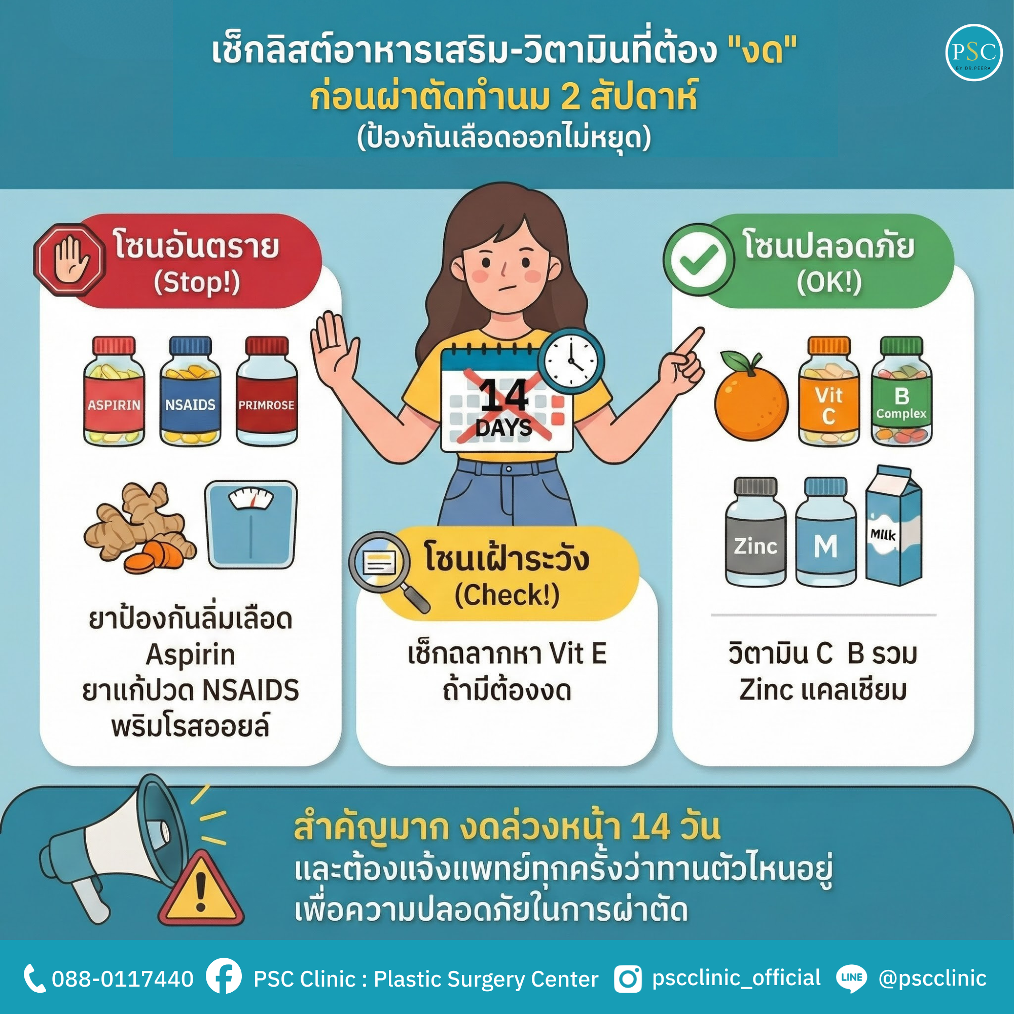 เช็กลิสต์อาหารเสริม-วิตามินที่ต้อง "งด" ก่อนผ่าตัดทำนม 2 สัปดาห์ (ป้องกันเลือดออกไม่หยุด)