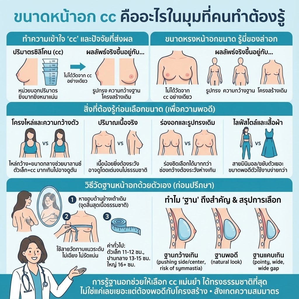 ขนาดหน้าอก (cc) เลือกยังไงก่อนทำนมให้พอดีตัว วิธีวัดฐานหน้าอกด้วยตัวเองก่อนมาปรึกษาหมอ