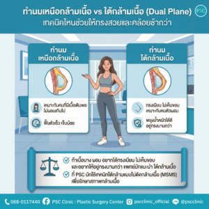 ทำนมเหนือกล้ามเนื้อ vs ใต้กล้ามเนื้อ (Dual Plane) เทคนิคไหนช่วยให้ทรงสวยและคล้อยช้ากว่า