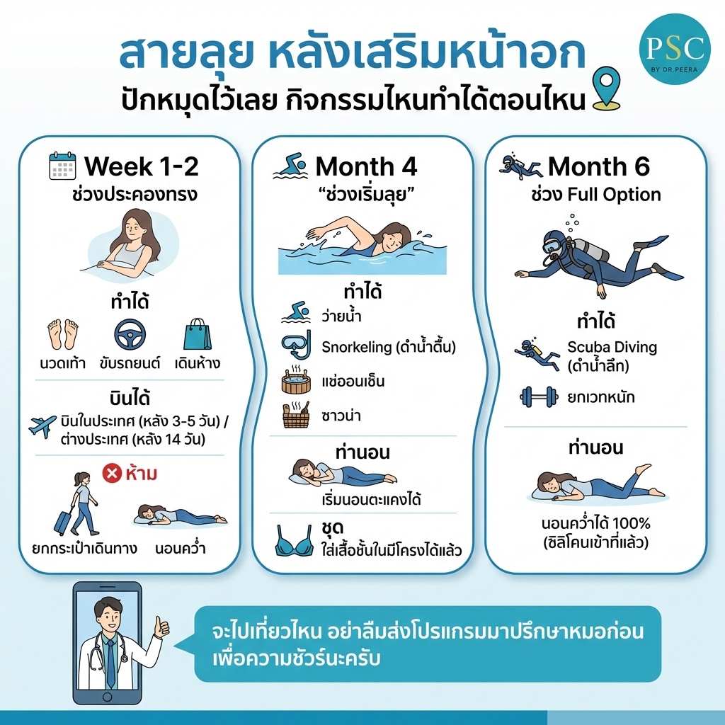 เสริมหน้าอกแล้วขึ้นเครื่องบินได้ไหม? ดำน้ำลึกได้หรือเปล่า? รวมกิจกรรมที่ทำได้และไม่ได้หลังทำนม (ฉบับสายเที่ยว)